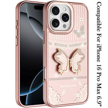 For iPhone 16 PRO MAX Case 3D Butterfly Bling Charm Stand Cover + Tempered Glass