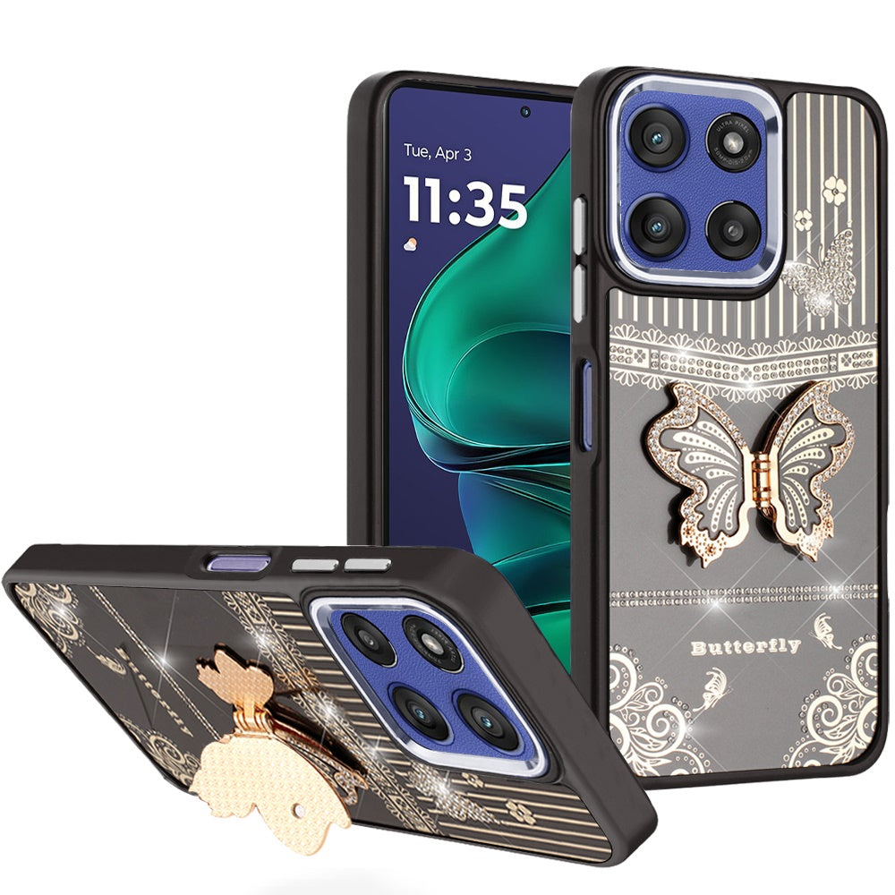 For Moto G Stylus 2025 Case 3D Butterfly Bling Charm with Stand + Tempered Glass