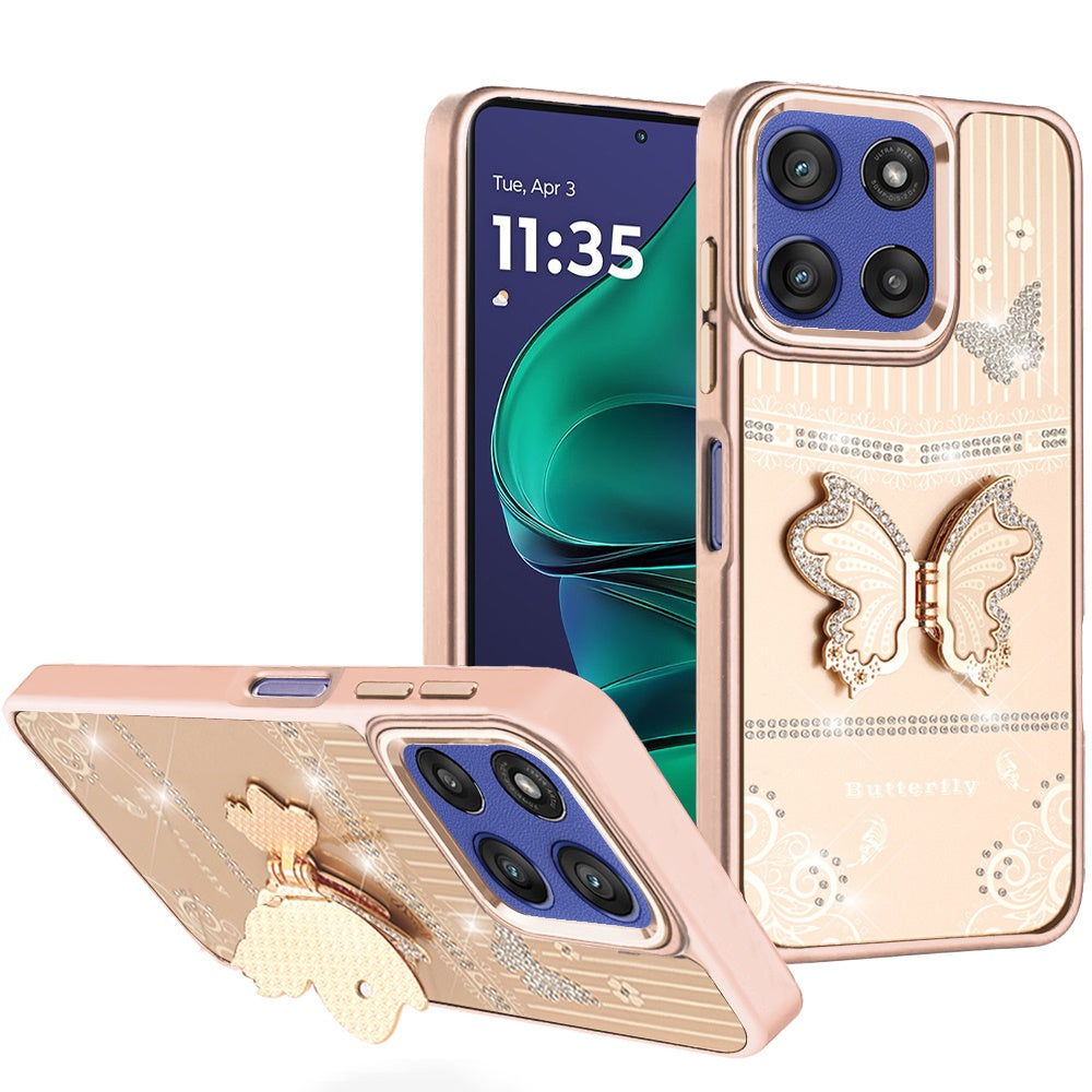 For Moto G Stylus 2025 Case 3D Butterfly Bling Charm with Stand + Tempered Glass