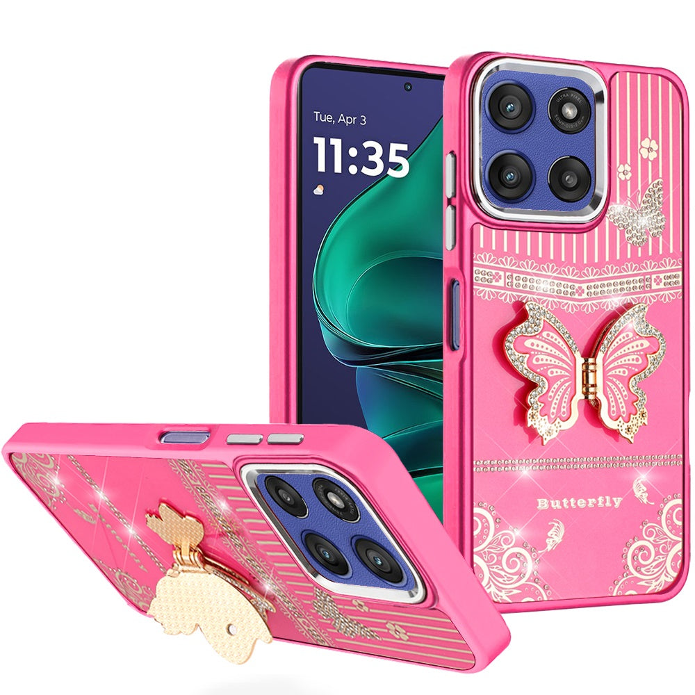 For Moto G Stylus 2025 Case 3D Butterfly Bling Charm with Stand + Tempered Glass