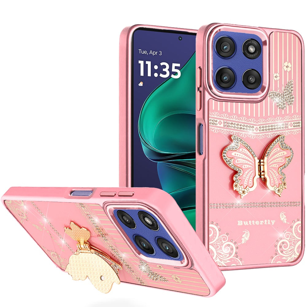 For Moto G Stylus 2025 Case 3D Butterfly Bling Charm with Stand + Tempered Glass