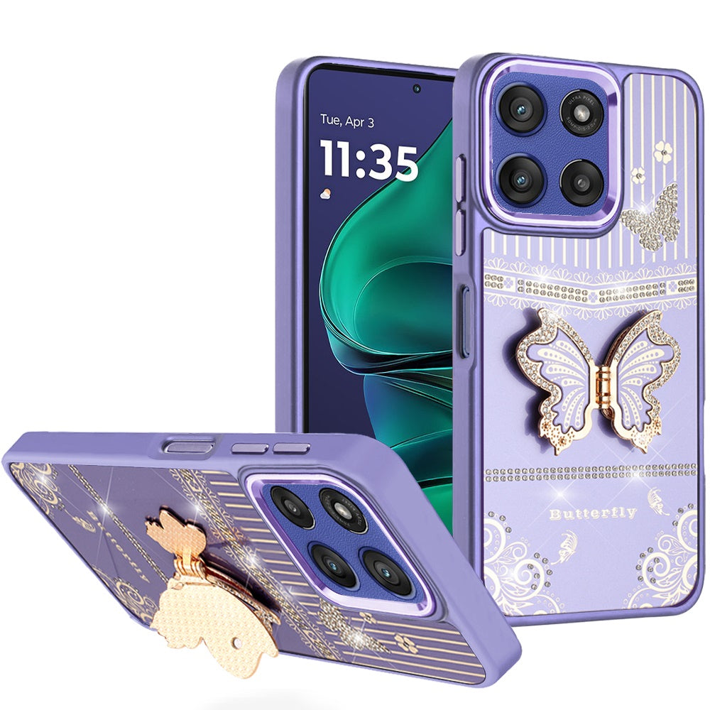 For Moto G Stylus 2025 Case 3D Butterfly Bling Charm with Stand + Tempered Glass