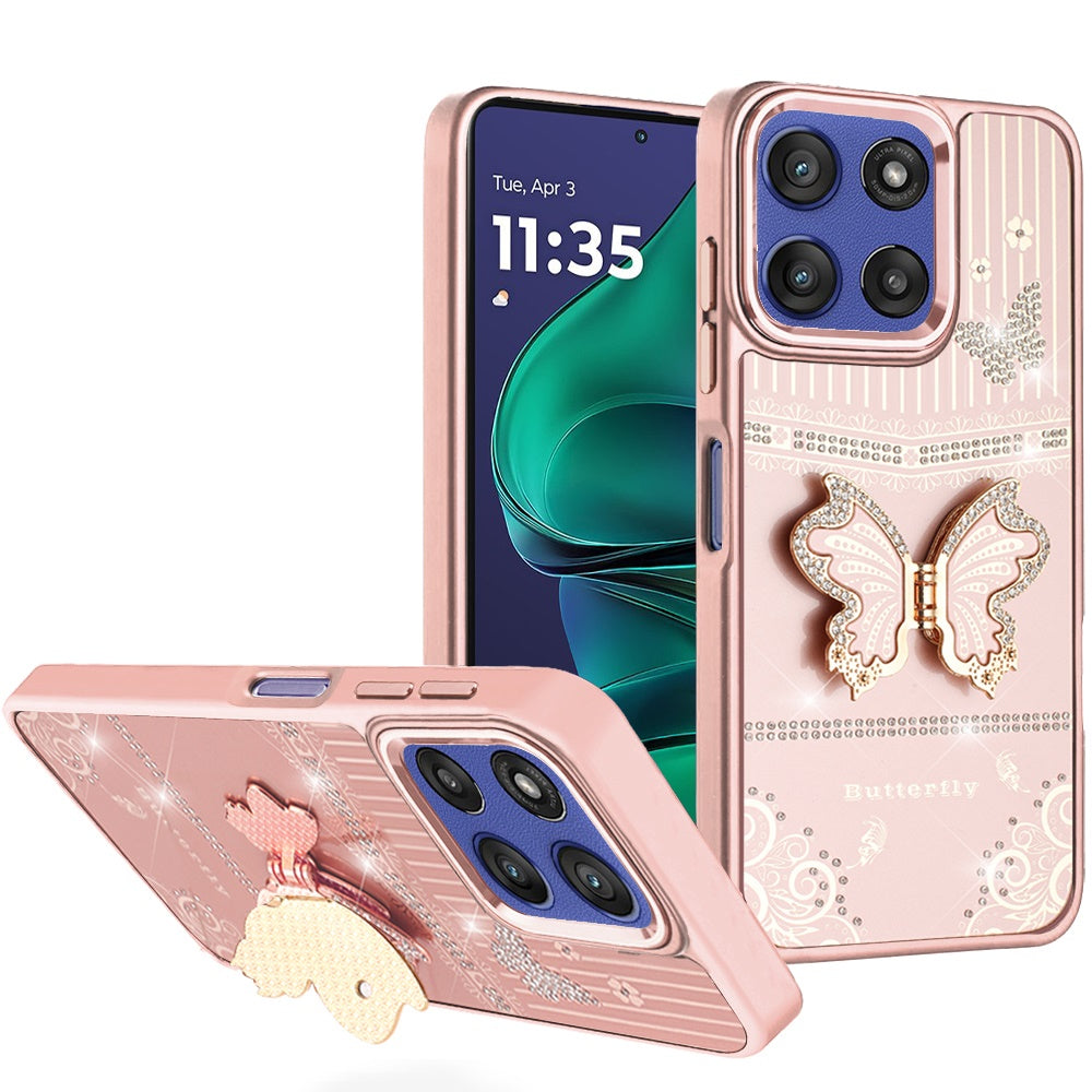 For Moto G Stylus 2025 Case 3D Butterfly Bling Charm with Stand + Tempered Glass