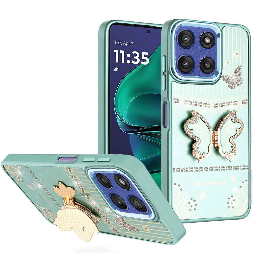 For Moto G Stylus 2025 Case 3D Butterfly Bling Charm with Stand + Tempered Glass