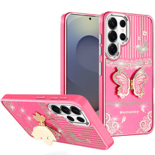 For Samsung S26 Ultra 3D Butterfly Bling Charm Stand Phone Cover +Tempered Glass