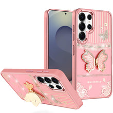 For Samsung S26 Ultra 3D Butterfly Bling Charm Stand Phone Cover +Tempered Glass