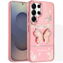 For Samsung S26 Ultra 3D Butterfly Bling Charm Stand Phone Cover +Tempered Glass