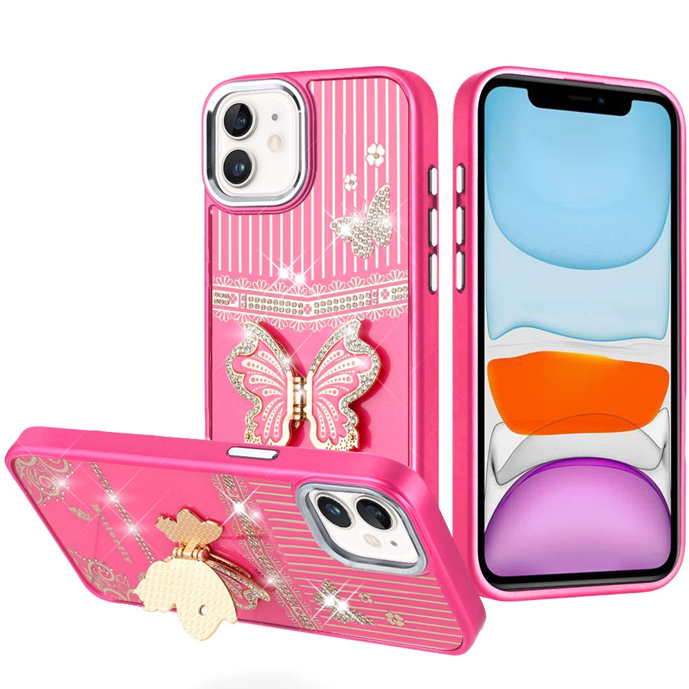 For iPhone 11 6.1 in. Case 3D Butterfly Bling Charm Stand Cover + Tempered Glass