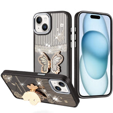 For iPhone 15 Case 3D Butterfly Bling Charm Stand Phone Cover + 2 Tempered Glass