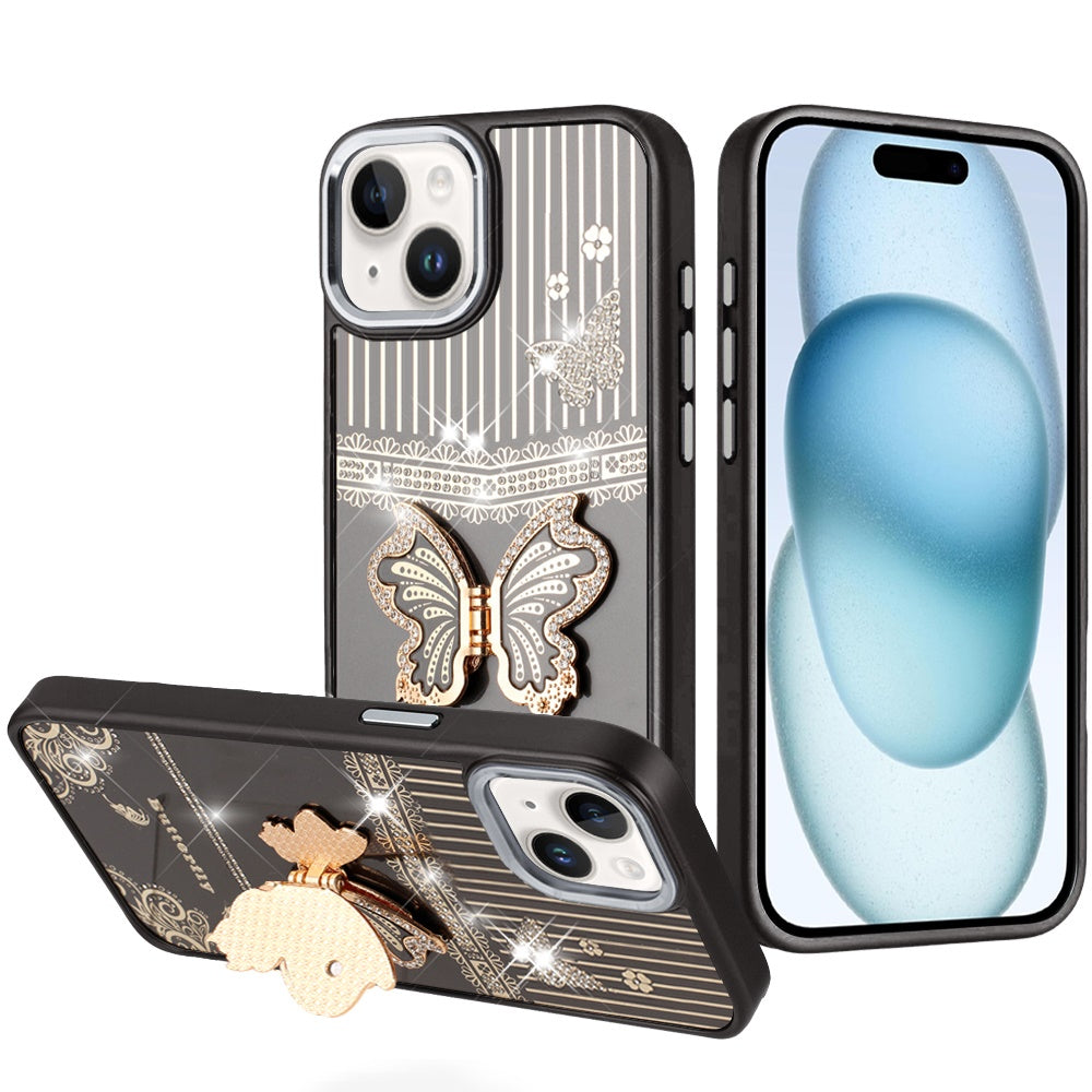 For iPhone 15 Case 3D Butterfly Bling Charm Stand Phone Cover + 2 Tempered Glass