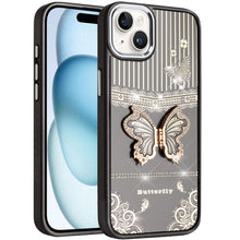 For iPhone 15 Case 3D Butterfly Bling Charm Stand Phone Cover + 2 Tempered Glass