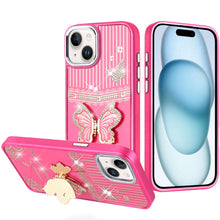 For iPhone 15 Case 3D Butterfly Bling Charm Stand Phone Cover + 2 Tempered Glass