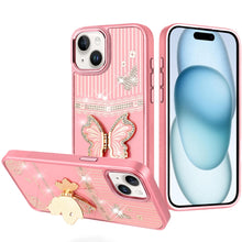 For iPhone 15 Case 3D Butterfly Bling Charm Stand Phone Cover + 2 Tempered Glass