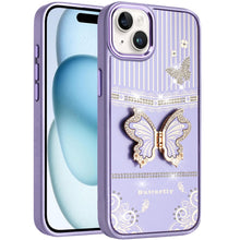 For iPhone 15 Case 3D Butterfly Bling Charm Stand Phone Cover + 2 Tempered Glass