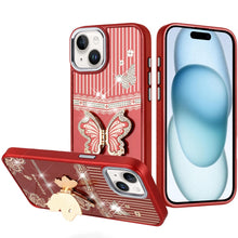 For iPhone 15 Case 3D Butterfly Bling Charm Stand Phone Cover + 2 Tempered Glass