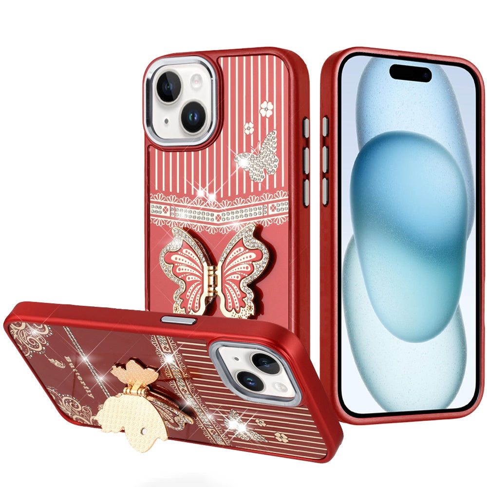 For iPhone 15 Case 3D Butterfly Bling Charm Stand Phone Cover + 2 Tempered Glass