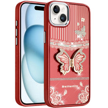 For iPhone 15 Case 3D Butterfly Bling Charm Stand Phone Cover + 2 Tempered Glass