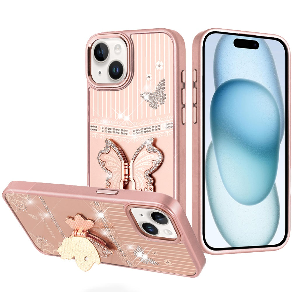 For iPhone 15 Case 3D Butterfly Bling Charm Stand Phone Cover + 2 Tempered Glass