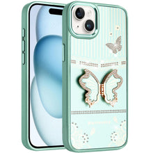 For iPhone 15 Case 3D Butterfly Bling Charm Stand Phone Cover + 2 Tempered Glass