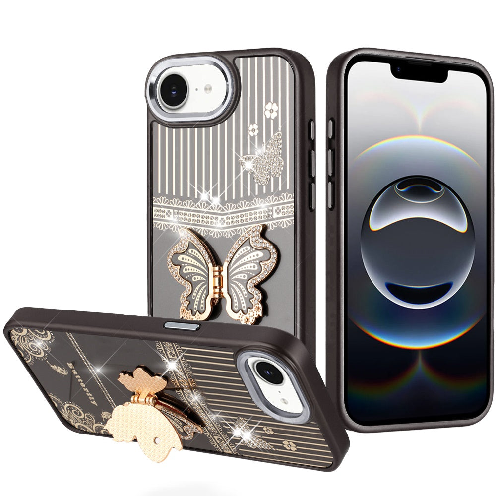 For iPhone 16e Case 3D Butterfly Bling Charm Stand Phone Cover + Tempered Glass