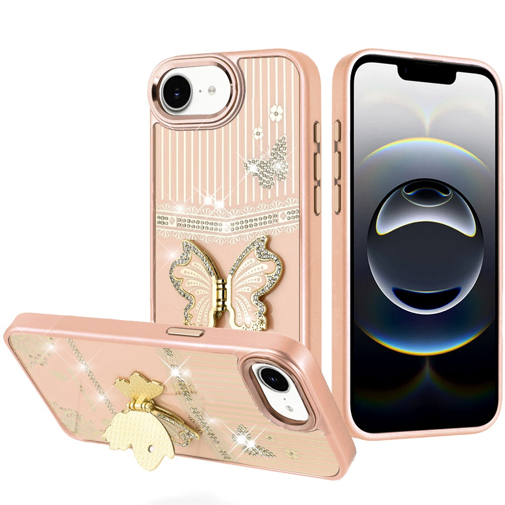 For iPhone 16e Case 3D Butterfly Bling Charm Stand Phone Cover + Tempered Glass