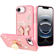 For iPhone 16e Case 3D Butterfly Bling Charm Stand Phone Cover + Tempered Glass