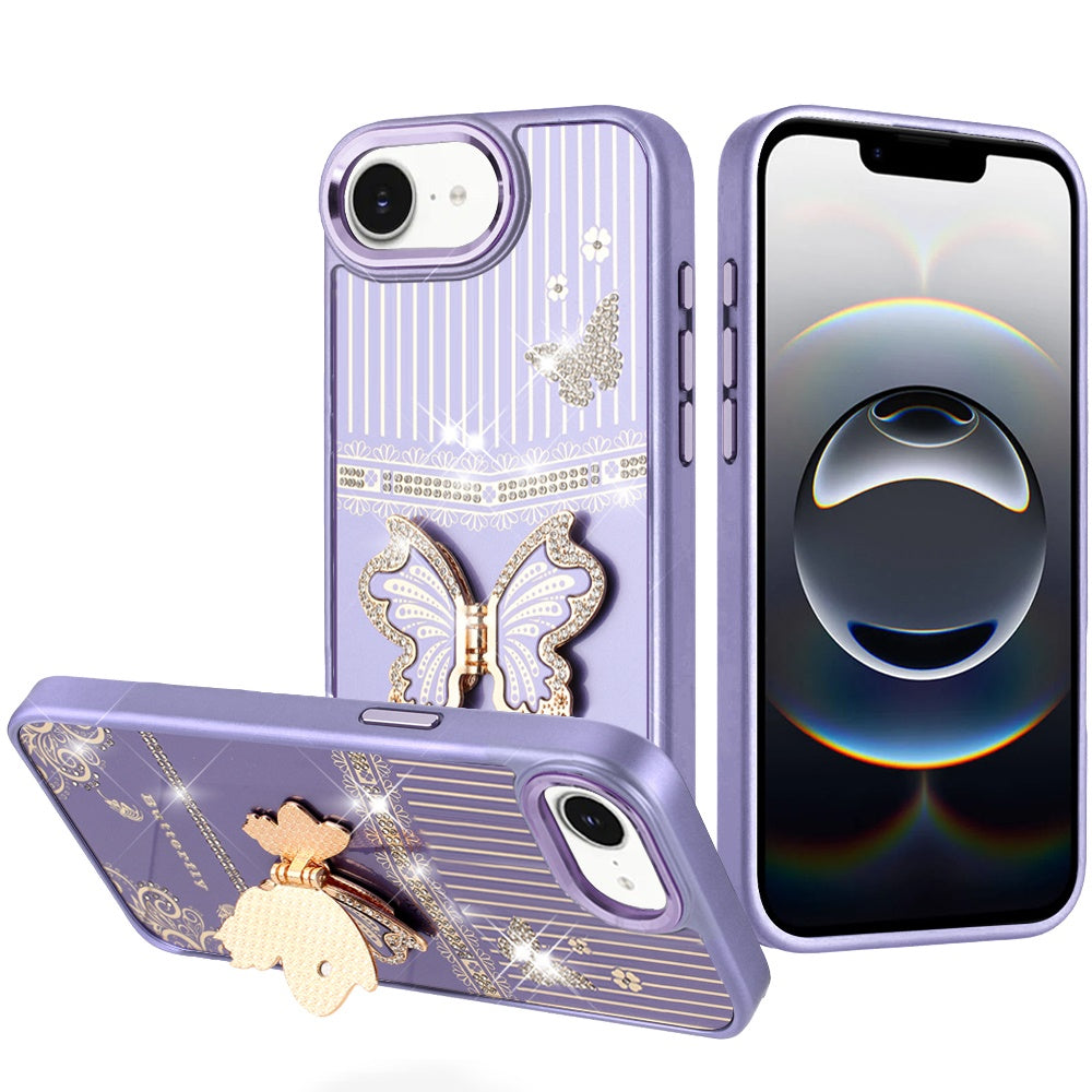For iPhone 16e Case 3D Butterfly Bling Charm Stand Phone Cover + Tempered Glass
