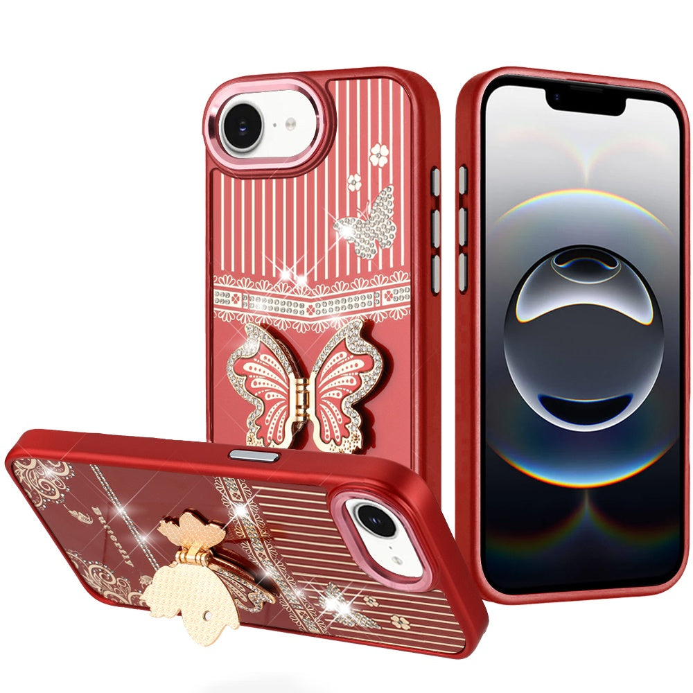 For iPhone 16e Case 3D Butterfly Bling Charm Stand Phone Cover + Tempered Glass