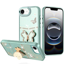 For iPhone 16e Case 3D Butterfly Bling Charm Stand Phone Cover + Tempered Glass