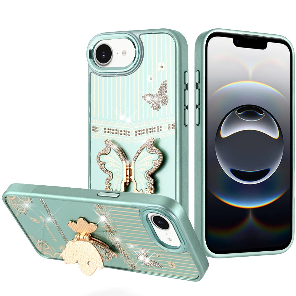 For iPhone 16e Case 3D Butterfly Bling Charm Stand Phone Cover + Tempered Glass