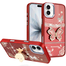For iPhone 17 Case w/ 3D Butterfly Bling Charm and Stand Cover + Tempered Glass