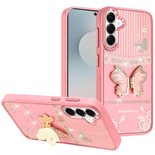 For Samsung S26 6.3" 3D Butterfly Bling Charm Stand Phone Cover + Tempered Glass