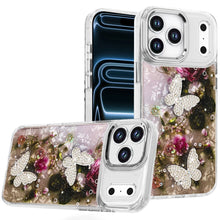 For iPhone 17 PRO Case Epoxy Glitter with 3D Beaded Butterflies + Tempered Glass