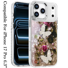 For iPhone 17 PRO Case Epoxy Glitter with 3D Beaded Butterflies + Tempered Glass
