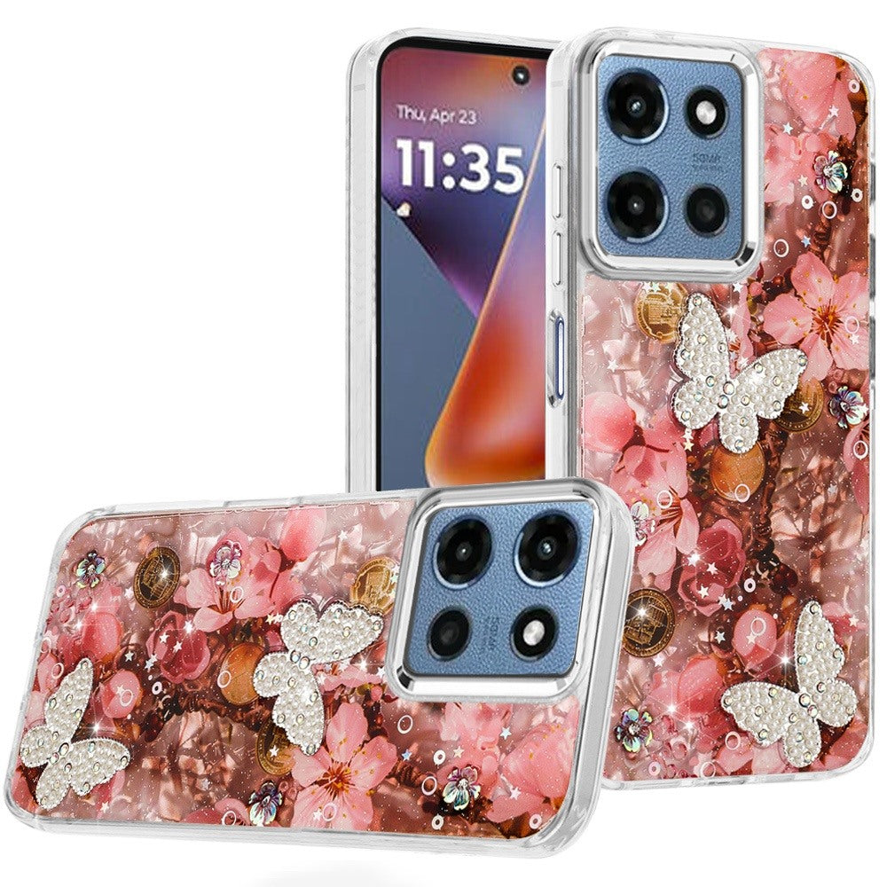 For Moto G 2025 Case Epoxy Glitter w/ 3D Beaded Butterflies + Tempered Glass