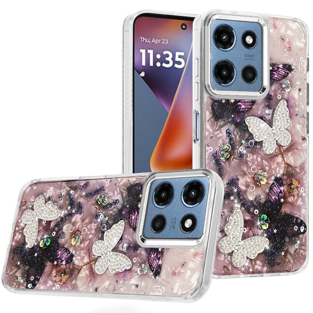 For Moto G 2025 Case Epoxy Glitter w/ 3D Beaded Butterflies + Tempered Glass