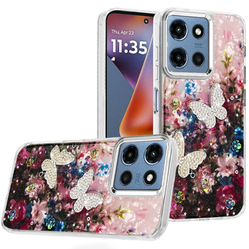 For Moto G 2025 Case Epoxy Glitter w/ 3D Beaded Butterflies + Tempered Glass