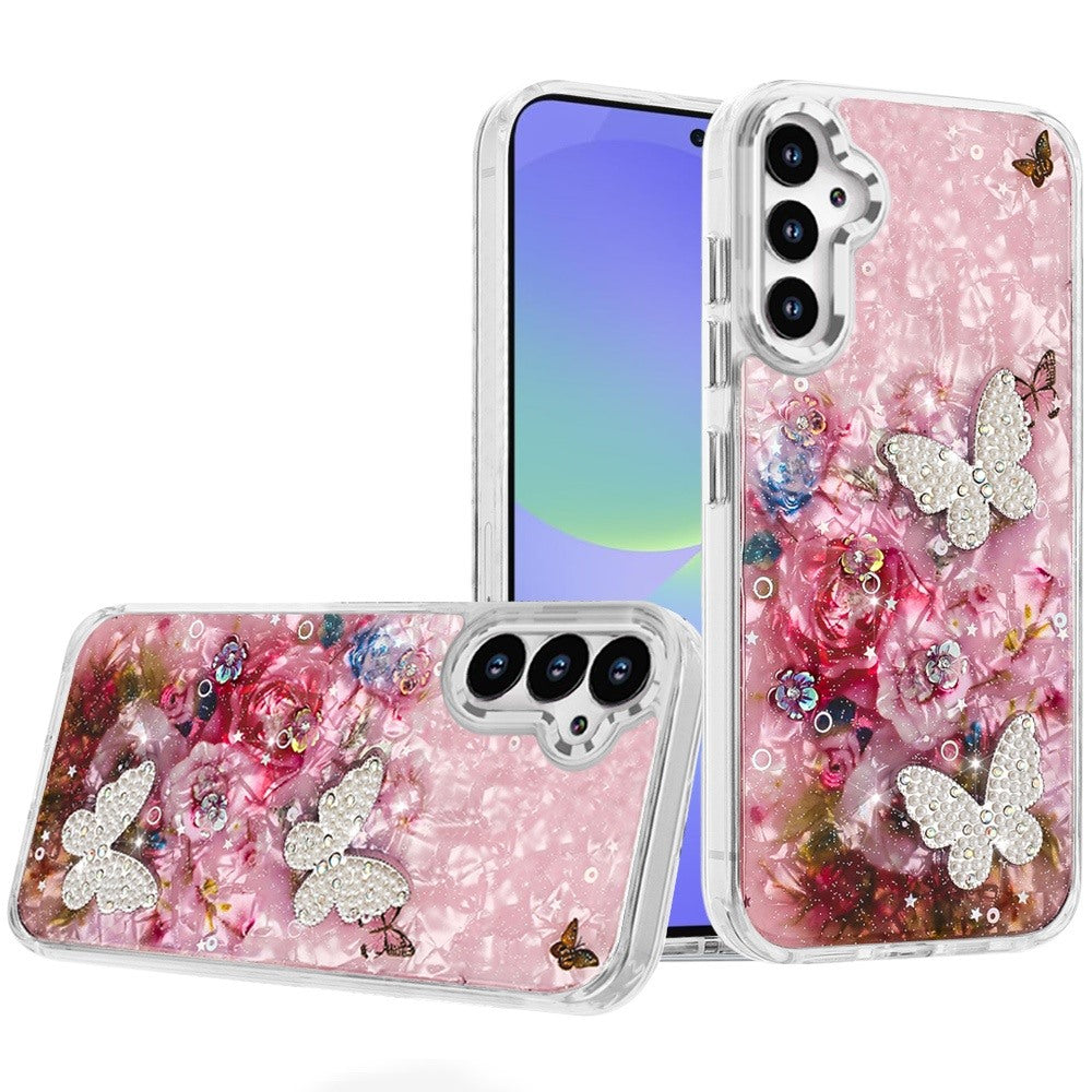 For Samsung A36 Case Epoxy Glitter with 3D Beaded Butterflies + Tempered Glass