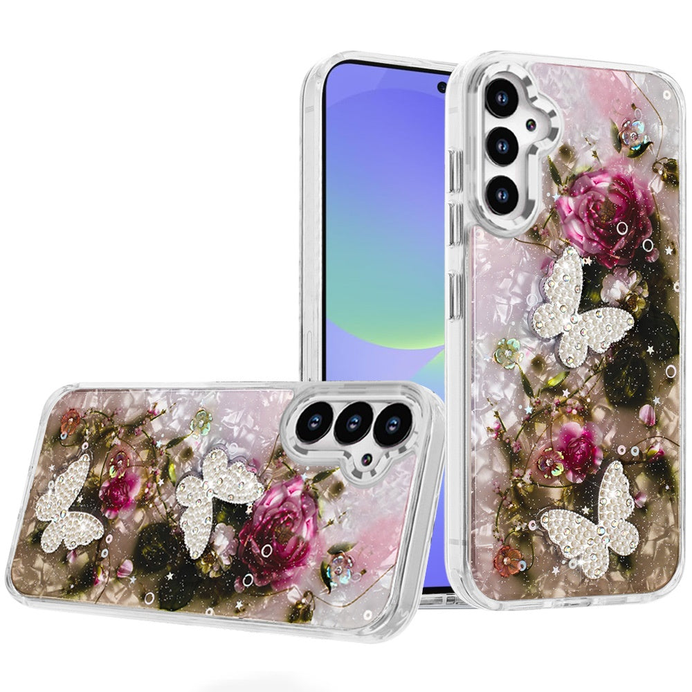 For Samsung A36 Case Epoxy Glitter with 3D Beaded Butterflies + Tempered Glass