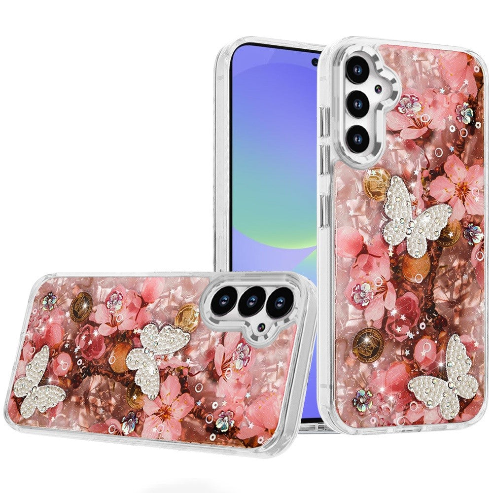 For Samsung A36 Case Epoxy Glitter with 3D Beaded Butterflies + Tempered Glass
