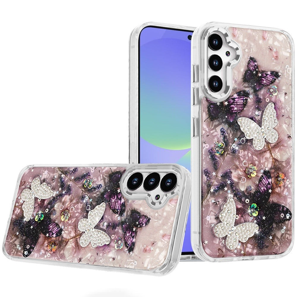 For Samsung A36 Case Epoxy Glitter with 3D Beaded Butterflies + Tempered Glass