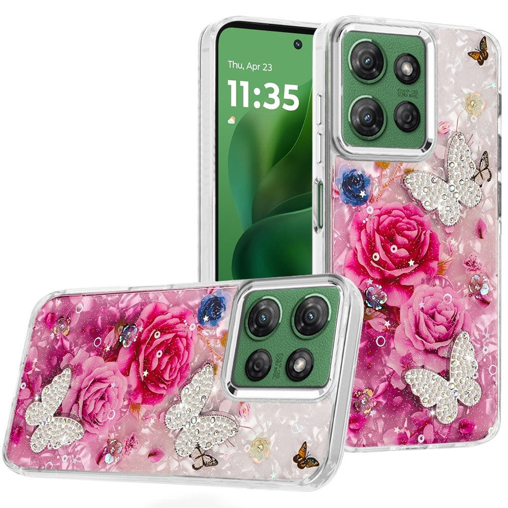 For Moto G Power 2025 Case Epoxy Glitter 3D Beaded Butterflies + Tempered Glass