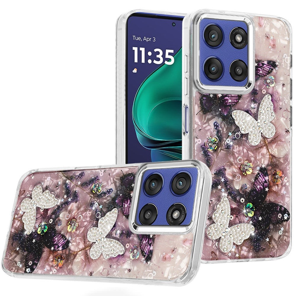 For Moto G Stylus 2025 Case Epoxy Glitter 3D Beaded Butterflies + Tempered Glass