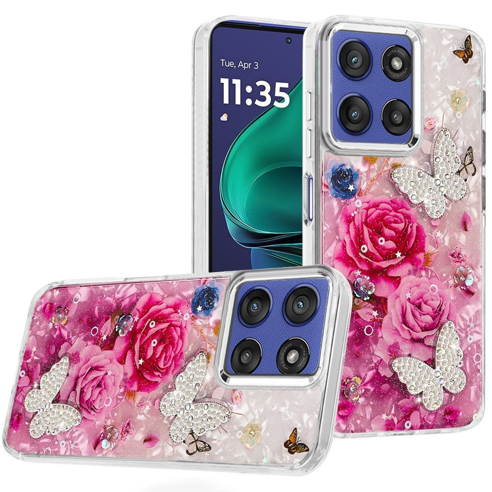 For Moto G Stylus 2025 Case Epoxy Glitter 3D Beaded Butterflies + Tempered Glass
