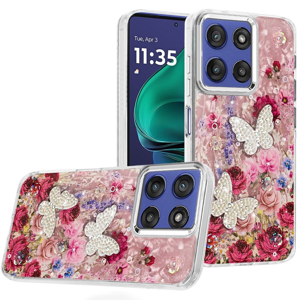 For Moto G Stylus 2025 Case Epoxy Glitter 3D Beaded Butterflies + Tempered Glass