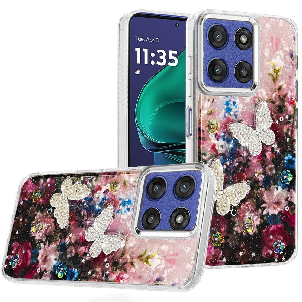 For Moto G Stylus 2025 Case Epoxy Glitter 3D Beaded Butterflies + Tempered Glass
