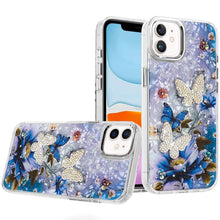 For iPhone 11 6.1 in. Case Epoxy Glitter 3D Beaded Butterflies + Tempered Glass