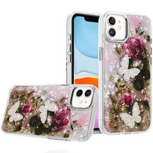 For iPhone 11 6.1 in. Case Epoxy Glitter 3D Beaded Butterflies + Tempered Glass