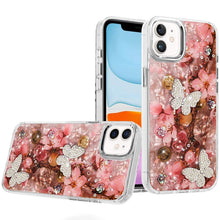 For iPhone 11 6.1 in. Case Epoxy Glitter 3D Beaded Butterflies + Tempered Glass
