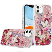 For iPhone 11 6.1 in. Case Epoxy Glitter 3D Beaded Butterflies + Tempered Glass